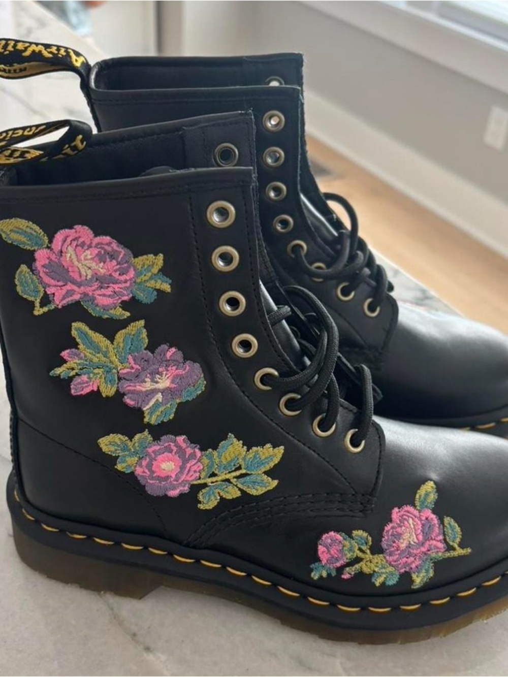 Dr. Martens Black Lace-Up Boots with Pink & Green Floral Embroidery